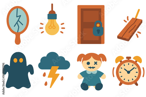 Fearful Icons Grid. Flat vector mini-illustrations fear-related objects in colors children's illustrations: broken mirror,
