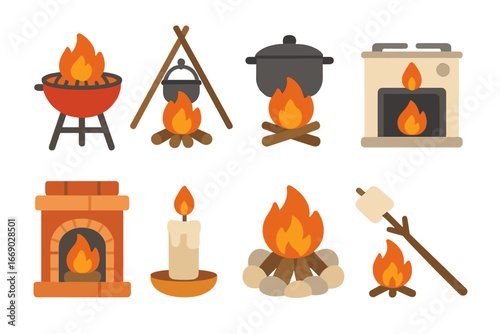 Fire Cooking Icons. Flat vector mini-illustrations cooking with fire in colors children's illustrations: barbecue grill, campfire