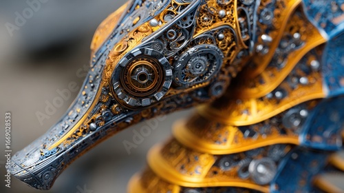 Close up of steampunk sea horse with intricate gears and metal patterns in gold and blue