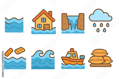 Flood Icons for Kids. Flat vector mini-illustrations flood elements in colors children's illustrations: rising water, flooded