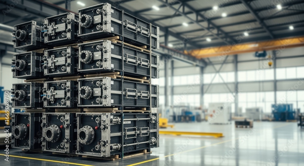 Naklejka premium Stacked finished directair carbon capture contactor modules ready for shipment from a highcapacity manufacturing facility.