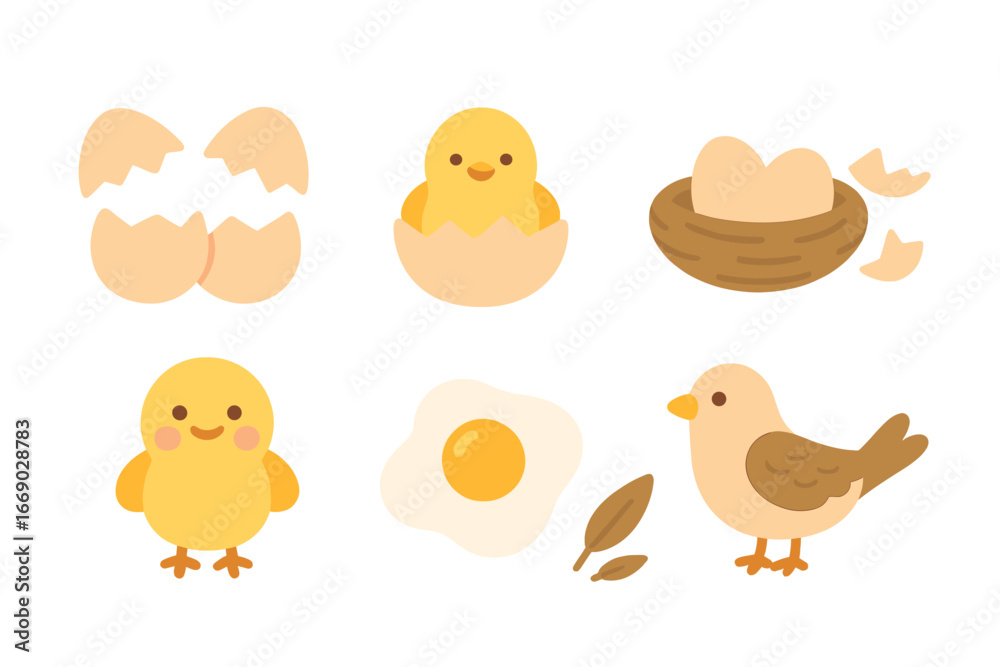 Fototapeta premium Hatching Egg Adventures. Flat vector mini-illustrations cracked eggs and animals in colors children's illustrations: cracked egg,