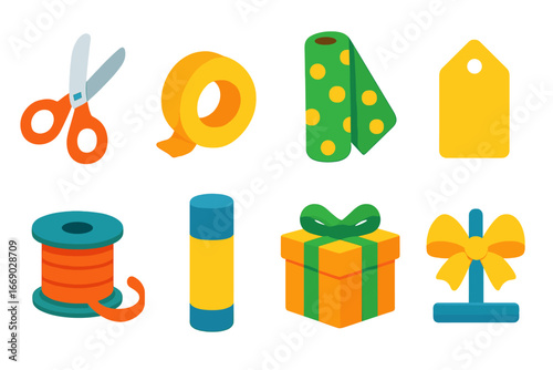 Gift Wrapping Supplies. Flat vector mini-illustrations gift wrapping tools in colors children's illustrations: scissors, tape,