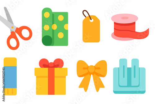 Gift Wrapping Supplies. Flat vector mini-illustrations gift wrapping tools in colors children's illustrations: scissors, tape,