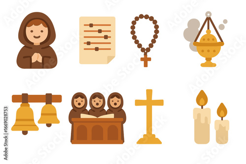 Gregorian Chant Icons. Flat vector mini-illustrations Gregorian chant in colors children's illustrations: monks, chant sheets,