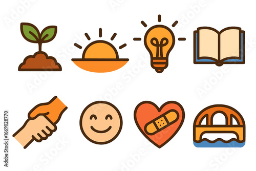 Guilt and Growth Icons. Flat vector mini-illustrations guilt and growth in colors children's illustrations: growing plant, sunrise