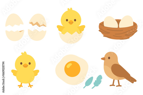 Hatching Egg Adventures. Flat vector mini-illustrations cracked eggs and animals in colors children's illustrations: cracked egg,