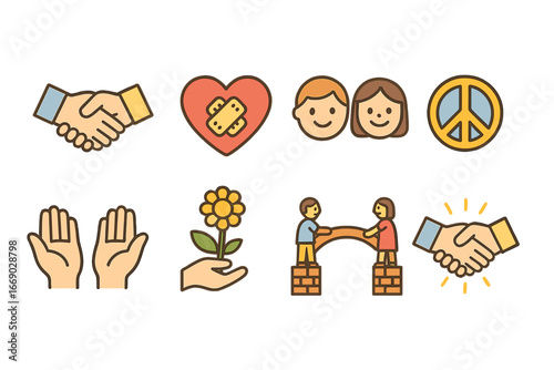Icons of Healing. Flat vector mini-illustrations betrayal and forgiveness in colors children's illustrations: handshake repair,