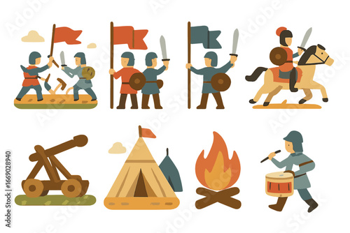 Historic Battle Miniatures. Flat vector mini-illustrations historic battle scenes in colors children's illustrations: battlefield,