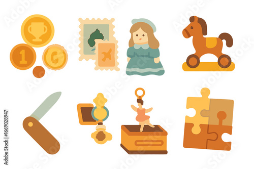 Heirloom Collectibles Icons. Flat vector mini-illustrations heirloom collectibles in colors children's illustrations: antique