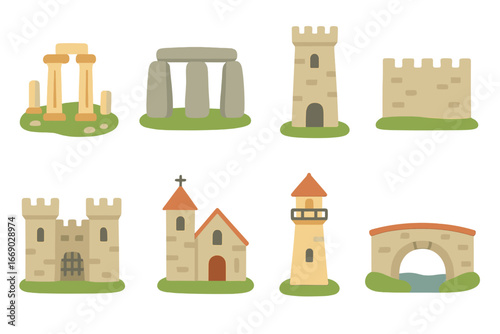 Historical Monuments Icons. Flat vector mini-illustrations historical monuments in colors children's illustrations: ancient ruin,