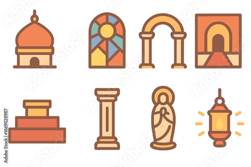 Holy Place Icons. Flat vector mini-illustrations Holy place architecture in colors children's illustrations: temple dome, stained