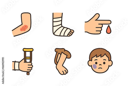 Injury Icons for Kids. Flat vector mini-illustrations hurt injuries in colors children's illustrations: scraped elbow, casted leg,