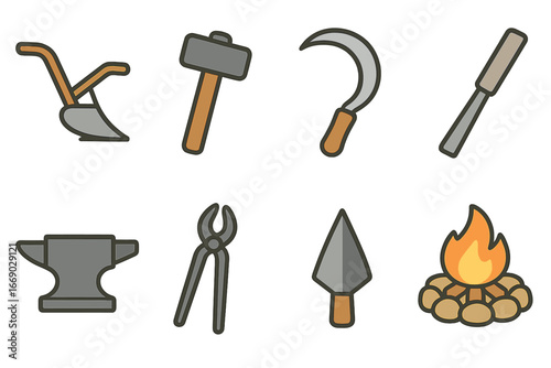 Iron Age Tool Icons. Flat vector mini-illustrations Iron Age tools in colors children's illustrations: iron plow, hammer, sickle,
