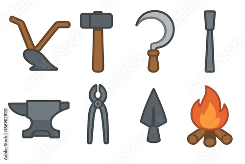 Iron Age Tool Icons. Flat vector mini-illustrations Iron Age tools in colors children's illustrations: iron plow, hammer, sickle,