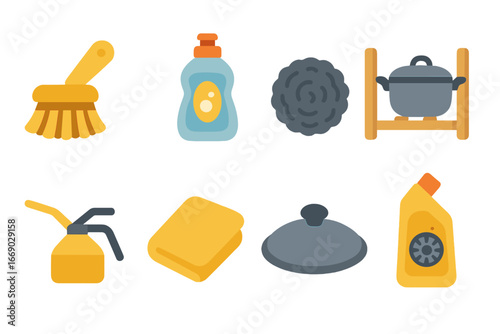 Iron Pot Care Icons. Flat vector mini-illustrations iron pot maintenance in colors children's illustrations: scrubbing brush, soap