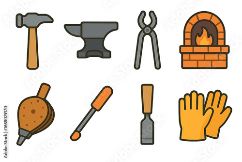 Ironwork Tool Icons. Flat vector mini-illustrations ironwork tools in colors children's illustrations: hammer, anvil, tongs, forge