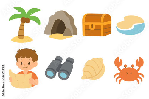 Island Adventure Icons. Flat vector mini-illustrations island exploration in colors children's illustrations: palm tree, cave