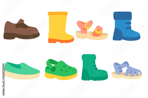 Kids Footwear Icons. Flat vector mini-illustrations children's footwear in colors children's illustrations: school shoe, rain boot