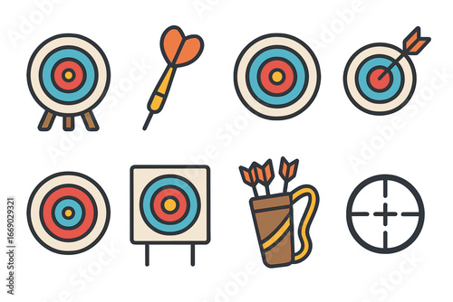 Kids Target Practice Icons. Flat vector mini-illustrations target practice in colors children's illustrations: target board, dart,