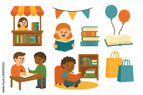 Kids' Book Fair Delight. Flat vector mini-illustrations book fair in colors children's illustrations: book stalls, colorful