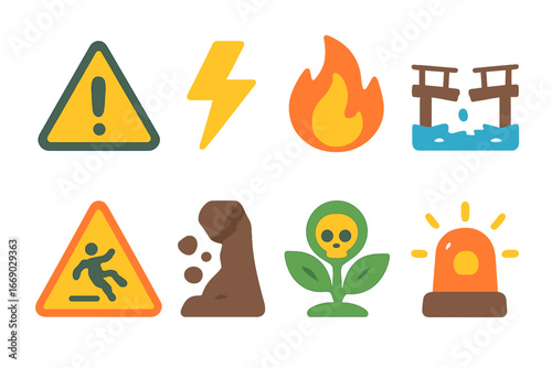 Kids' Danger Icons. Flat vector mini-illustrations danger in colors children's illustrations: warning sign, lightning bolt, fire