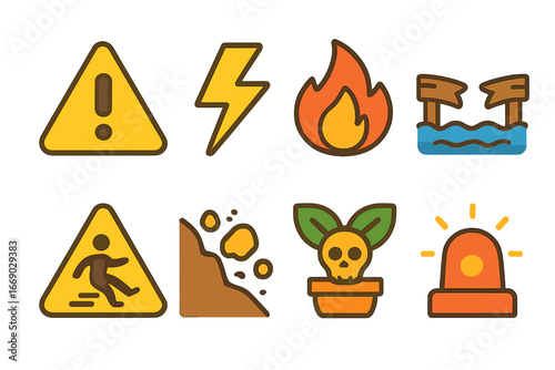 Kids' Danger Icons. Flat vector mini-illustrations danger in colors children's illustrations: warning sign, lightning bolt, fire