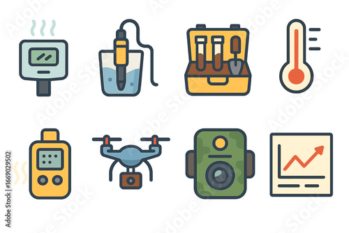 Landfill Monitoring Icons. Flat vector mini-illustrations landfill monitoring in colors children's illustrations: air quality