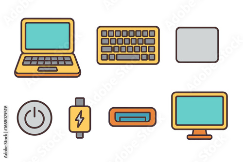 Laptop Basics Icons. Flat vector mini-illustrations laptop basics in colors children's illustrations: laptop open, laptop closed,