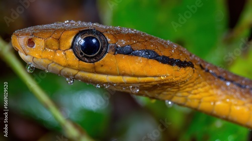 Close-up of yellow snake head with water droplets, black stripe, against blurred greenery