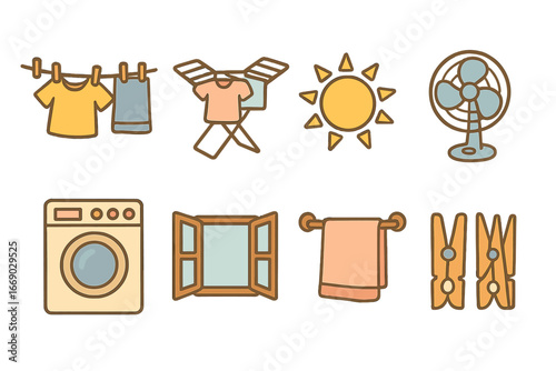Laundry Drying Methods. Flat vector mini-illustrations laundry drying methods in colors children's illustrations: clothesline with