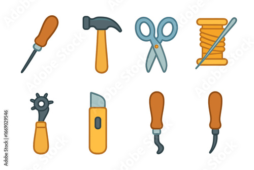 Leathercraft Tool Icons. Flat vector mini-illustrations leather tools in colors children's illustrations: stitching awl, hammer,