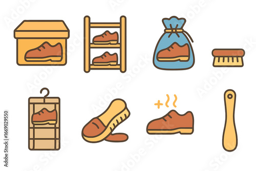 Left Shoe Essentials. Flat vector mini-illustrations left shoe storage in colors children's illustrations: left shoe box, left