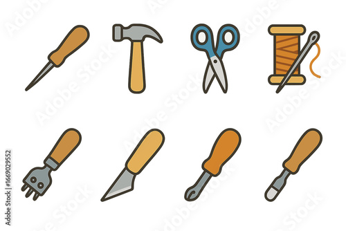 Leathercraft Tool Icons. Flat vector mini-illustrations leather tools in colors children's illustrations: stitching awl, hammer,
