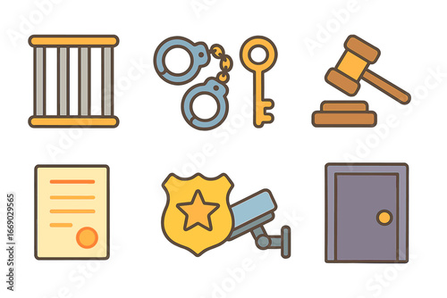 Legal Punishment Icons. Flat vector mini-illustrations legal punishments in colors children's illustrations: prison bars,