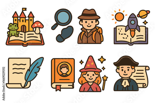 Literary Style Icons. Flat vector mini-illustrations literary styles in colors children's illustrations: fairy tale, mystery,