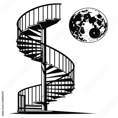 Moon floating above spiral step silhouette
