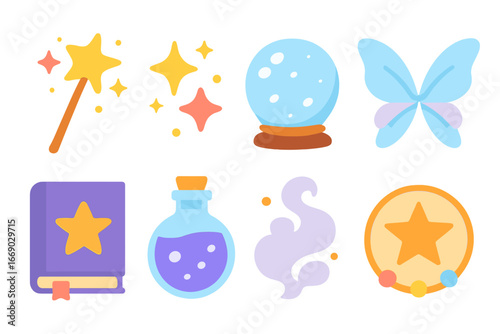 Magical Children's Icons. Flat vector mini-illustrations enchantment in colors children's illustrations: magic wand, sparkling