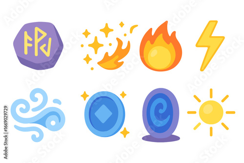 Magical Icon Collection. Flat vector mini-illustrations wizard spells in colors children's illustrations: glowing runes, magic
