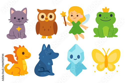 Magical Creature Icons. Flat vector mini-illustrations wizard companions in colors children's illustrations: magical cat, talking