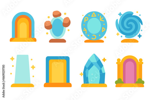 Magical Portal Icons. Flat vector mini-illustrations teleportation portals in colors children's illustrations: glowing doorway,