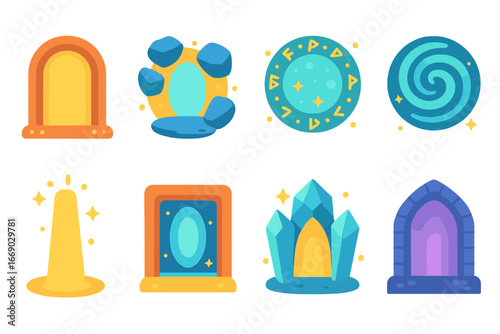 Magical Portal Icons. Flat vector mini-illustrations teleportation portals in colors children's illustrations: glowing doorway,