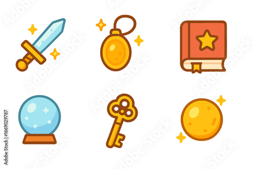 Magical Quest Icons. Flat vector mini-illustrations quest magical items in colors children's illustrations: enchanted sword,