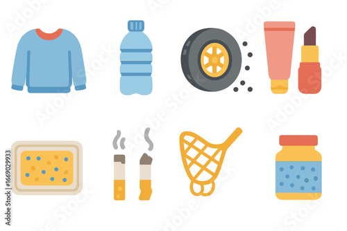 Microplastic Sources. Flat vector mini-illustrations sources of microplastic in colors children's illustrations: synthetic clothes