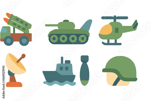 Military Icons for Kids. Flat vector mini-illustrations military weapons in colors children's illustrations: missile launcher,