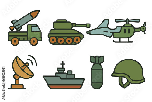 Military Icons for Kids. Flat vector mini-illustrations military weapons in colors children's illustrations: missile launcher,