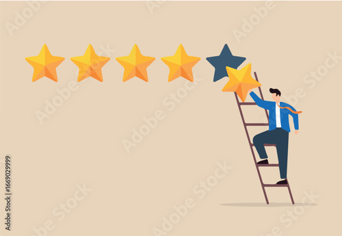Flat illustration businessman climb up ladder to place fifth star representing 5 star rating for high quality service	
