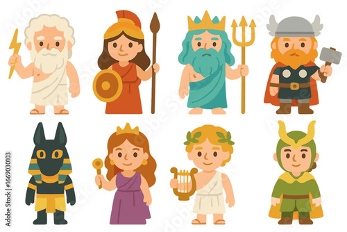 Mythology Gods Icons. Flat vector mini-illustrations mythological gods in colors children's illustrations: Zeus, Athena, Poseidon,