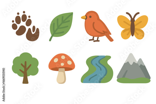 Nature Icons for Kids. Flat vector mini-illustrations nature guides in colors children's illustrations: animal tracks, plant