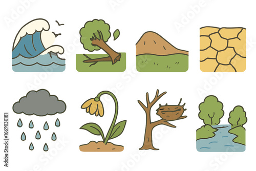 Nature's Adversities Illustrated. Flat vector mini-illustrations helplessness nature scenes in colors children's illustrations: